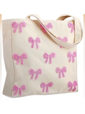 🎀Embroidered Canvas Pink Bow Tote Bag